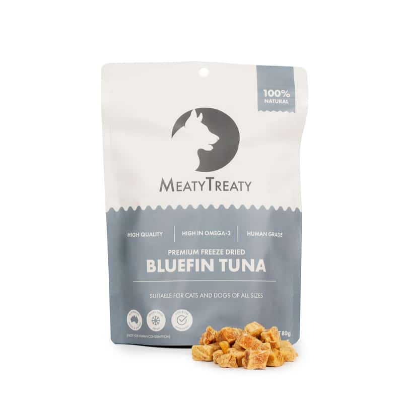 Freeze dried bluefin tuna dog treats from Meaty Treaty - natural Australian omega-3 rich