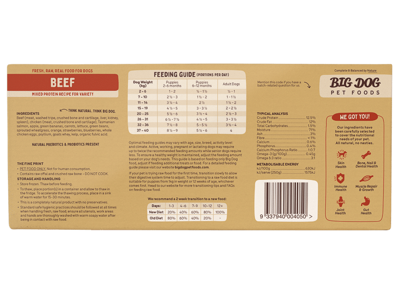 Queensland Beef Raw Dog Food by Big Dog - Brisbane Queensland Delivery